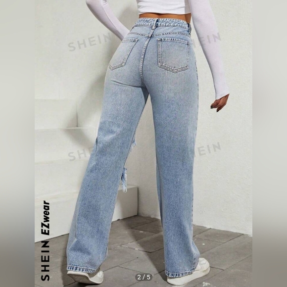 Shein Wide Straight Leg Distressed Denim Jeans Boyfriend Fit Size 4 Small - Picture 2 of 7